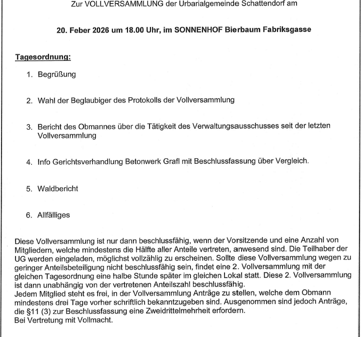 Urbarialgemeinde Schattendorf – Einladung zur Vollversammlung