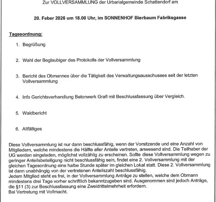 Urbarialgemeinde Schattendorf – Einladung zur Vollversammlung